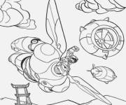 Coloriage Baymax et Hiro volant parmi les vaisseaux