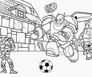 Coloriage Baymax, stitch et Hiro jouant au foot
