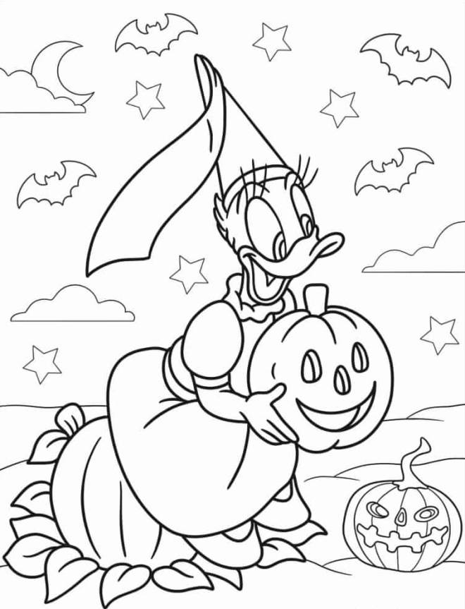 Coloriage et dessins gratuits Daisy Duck avec citrouille de Halloween à imprimer