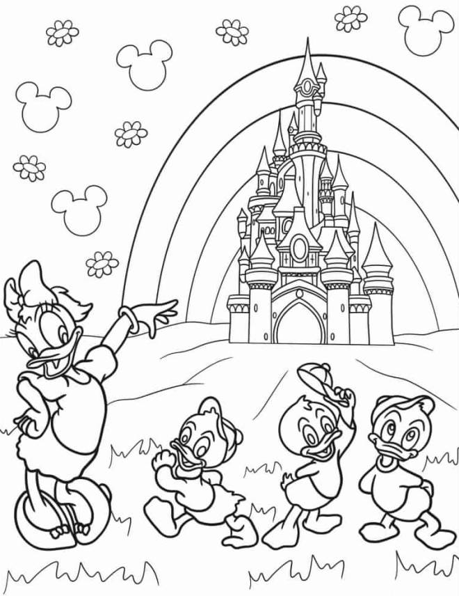 Coloriage et dessins gratuits Daisy Duck avec Huey, Dewey, et Louie Duck à imprimer