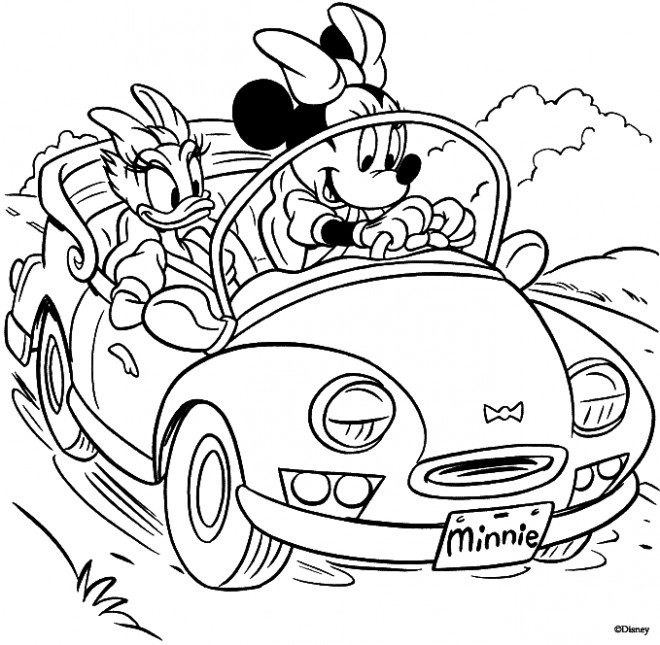 Coloriage et dessins gratuits Daisy et Minnie voyagent par voiture à imprimer