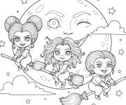 Coloriage H&eacute;ro&iuml;nes de Hocus Pocus volant sur des balais devant la lune