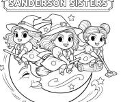 Coloriage Les adorables s&oelig;urs Sanderson volant sur des balais