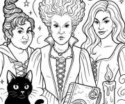 Coloriage Les s&oelig;urs de Hocus Pocus avec leur chat Binx