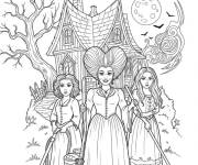 Coloriage Les s&oelig;urs Sanderson devant leur maison hant&eacute;e sous la pleine lune