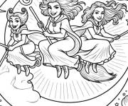Coloriage Les s&oelig;urs Sanderson volant devant un croissant de lune