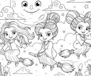 Coloriage Les sorci&egrave;res survolent une lune souriante