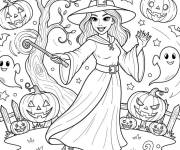Coloriage Sarah Sanderson lance des sorts entour&eacute;e de citrouilles et de fan