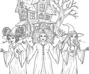 Coloriage Trois sorci&egrave;res de Hocus Pocus se rassemblent pr&egrave;s de leur maison