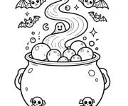 Coloriage Un chaudron rempli de potions et de chauves-souris volantes