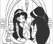 Coloriage Jasmine brosse ses cheveux devant le miroir