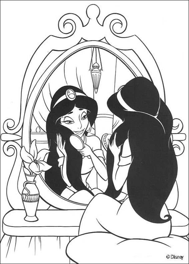 Coloriage et dessins gratuits Jasmine brosse ses cheveux devant le miroir à imprimer