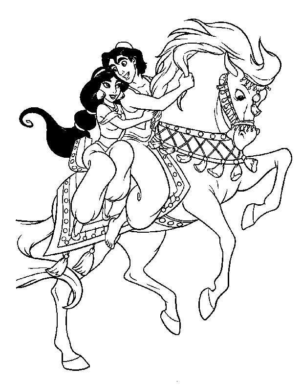 Coloriage et dessins gratuits Jasmine et Aladin montent un cheval à imprimer