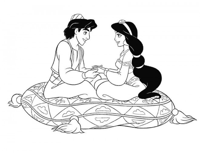 Coloriage et dessins gratuits Jasmine et Aladin se discutent à imprimer