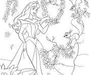 Coloriage Aurore s'amuse avec les animaux et les oiseaux