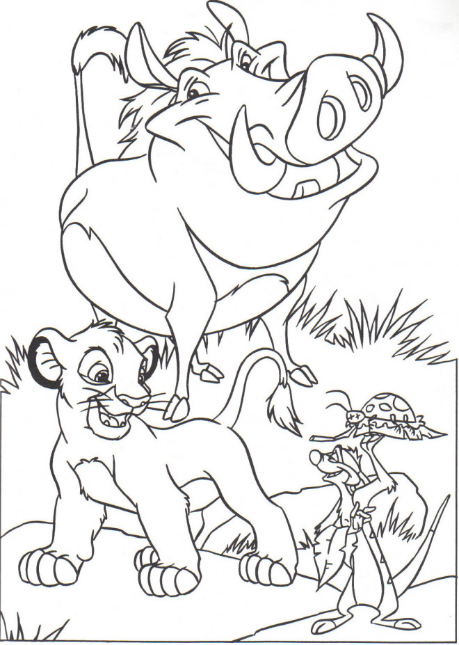 Coloriage et dessins gratuits Le Roi Lion Simba, Pumbaa et Timon à imprimer