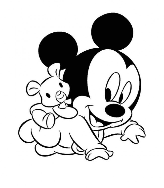 Coloriage Mickey bébé joue avec son nounours