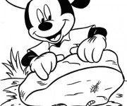Coloriage Mickey découvre des insectes sous le rocher