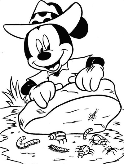 Coloriage et dessins gratuits Mickey découvre des insectes sous le rocher à imprimer