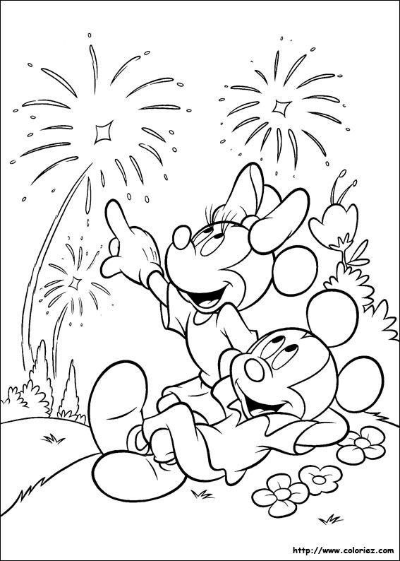 Coloriage et dessins gratuits Mickey et Minnie admirent les feux d'artifice à imprimer