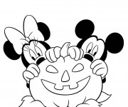 Coloriage Mickey et Minnie derrière une citroille