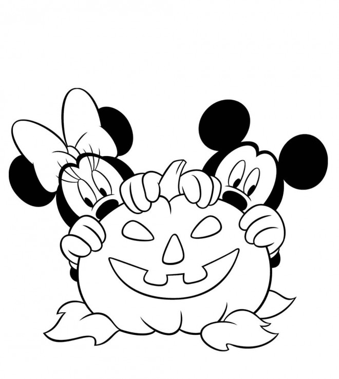 Coloriage et dessins gratuits Mickey et Minnie derrière une citroille à imprimer