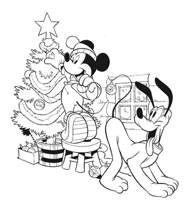 Coloriage et dessins gratuits Mickey et Pluto préparent l'arbre de Noël à imprimer