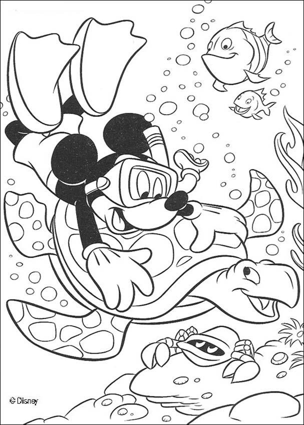 Coloriage et dessins gratuits Mickey nage avec une tortue aquatique à imprimer
