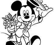 Coloriage Mickey tient un bouquet de fleurs