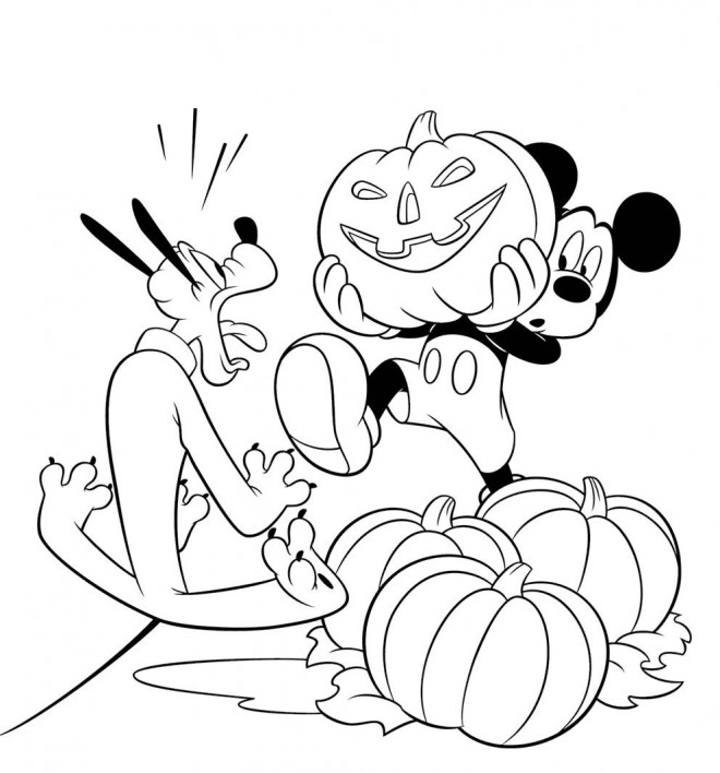 Coloriage et dessins gratuits Pluto a peur de la citroille de Mickey à imprimer