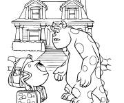 Coloriage Mike et Sullivan devant la maison hant&eacute;e