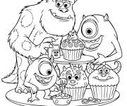 Coloriage Sulley et Mike d&eacute;gustent des cupcakes