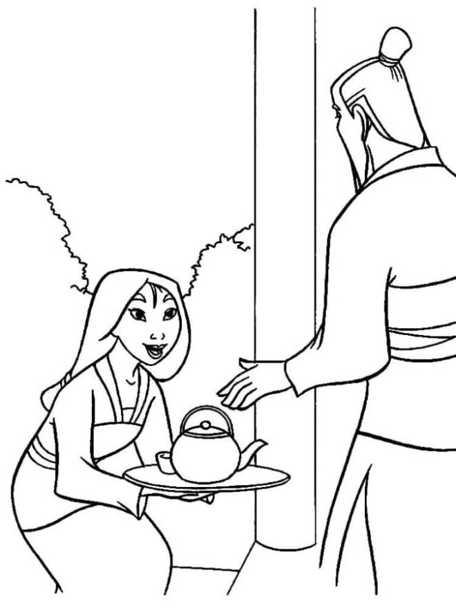Coloriage et dessins gratuits Mulan apporte du thé à imprimer