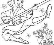 Coloriage Mulan attaque avec bâton de bambou
