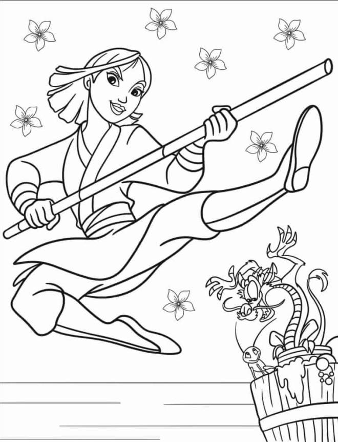 Coloriage et dessins gratuits Mulan attaque avec bâton de bambou à imprimer
