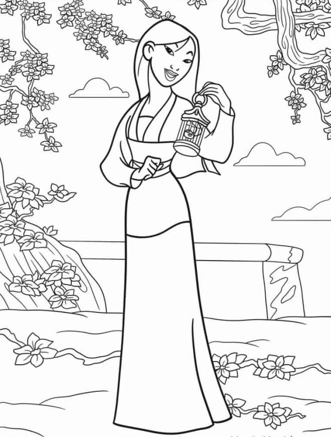 Coloriage et dessins gratuits Mulan avec Cri-Kee dans une cage à imprimer