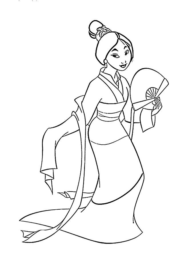Coloriage et dessins gratuits Mulan avec son fan à imprimer