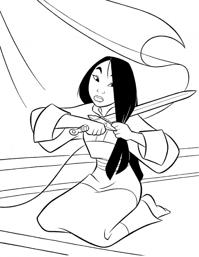 Coloriage et dessins gratuits Mulan coupe ses cheveux à imprimer
