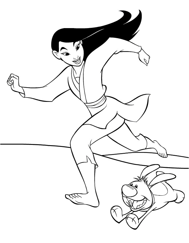 Coloriage et dessins gratuits Mulan court avec son chien à imprimer