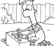 Coloriage Ferb en activit&eacute; dans le jardin