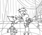 Coloriage Ferb joue de la trompette pendant que Phineas chante