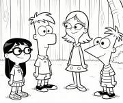 Coloriage Les amis de Phineas et Ferb se rassemblent dans le jardin