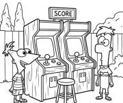 Coloriage Phineas et Ferb apportent une machine Arcade