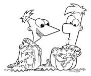 Coloriage Phineas et Ferb avec les citrouilles de Halloween