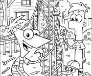 Coloriage Phineas et Ferb construisant une montagne russe