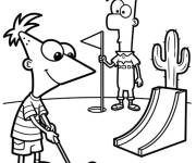 Coloriage Phineas et Ferb construisent un mini terrain de golf