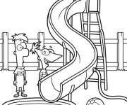 Coloriage Phineas et Ferb construisent un toboggan aquatique