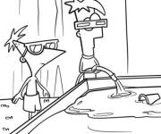 Coloriage Phineas et Ferb construit la plage dans le jardin