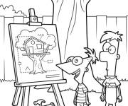 Coloriage Phineas et Ferb et le projet de cabane dans l'arbre