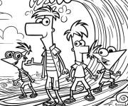 Coloriage Phineas et Ferb et leurs amis en surfing